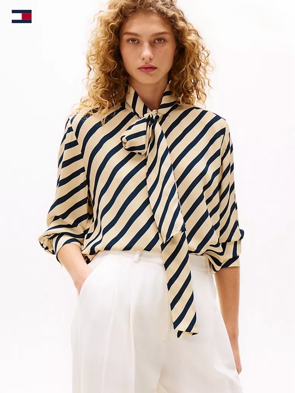 Tommy Hilfiger x Sofia Richie Beige and Navy Diagonal Stripe Tie-Neck Blouse, XL